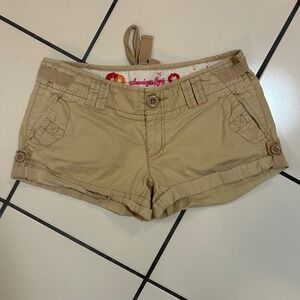 VTG Y2K American Eagle Tan Cargo Shorts  S 6 Button Fly Rolled Hem Shorty Shorts